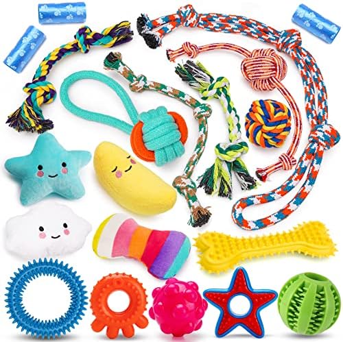 Zeaxuie 20 Pacote brinquedos de cachorrinho de luxo para dentição e fofos brinquedos para cachorros com brinquedos de borracha de cachorrinho, tratar bola, cordas e brinquedos de cachorro grisalhos