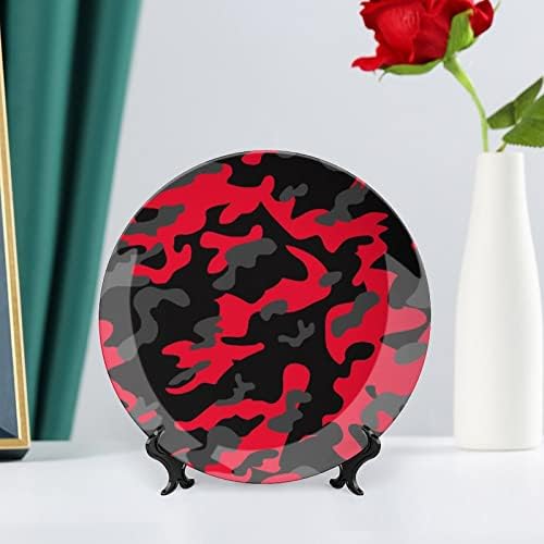 Placas de cerâmica redonda de placa decorativa de osso de camuflagem vermelha com estampa para display para a decoração do jantar de parede de escritório em casa