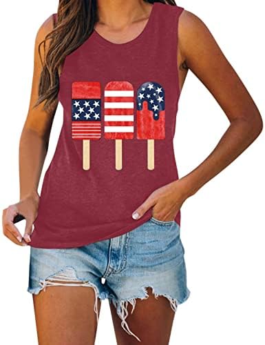 4 de julho Camisas Tampas de tanques para mulheres sem mangas u pescoço tshirt EUA bandeira estrelas listras tampe túnica