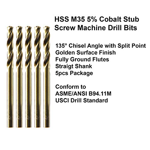 Maxtool 3/16 5pcs parafuso idêntico exercícios de máquina de parafuso HSS M35 bits de broca de torção de cobalto de cobalto Terrinhas de haste dourada de ouro totalmente moídas;