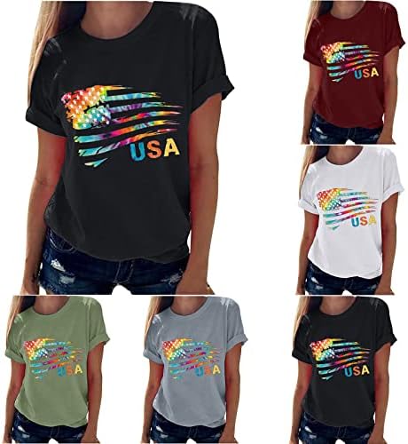 Quarto de julho camisa de verão Tops para mulheres TIY Dye American Flag Graphic Tees Basic Basic Fofy Tops e Bloups