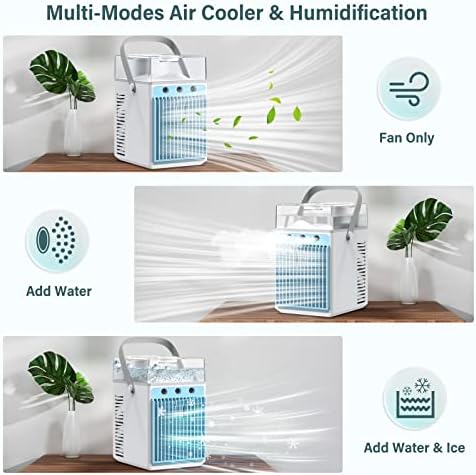 Air condicionado portátil, 4 em 1 em 1 Mini umidificador de refrigerador de ar condicionado com LED, 3 velocidades Mini AC