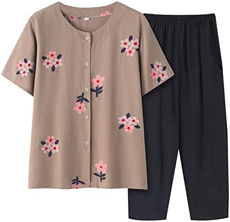 Summer sets mulheres roupas de 2 peças de tamanho grande camisa de manga curta e calça coloca mulheres idosas ioga