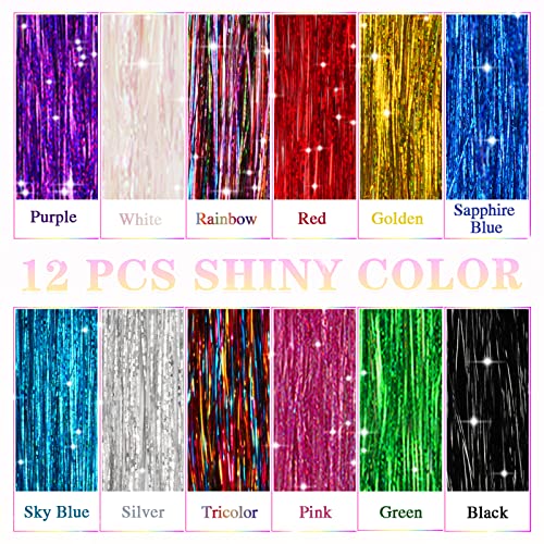 Kit de tinsel de cabelo, 12 cores Tinsel de cabelo de fada com ferramentas, pavão 48 polegadas 2400 fios resistentes