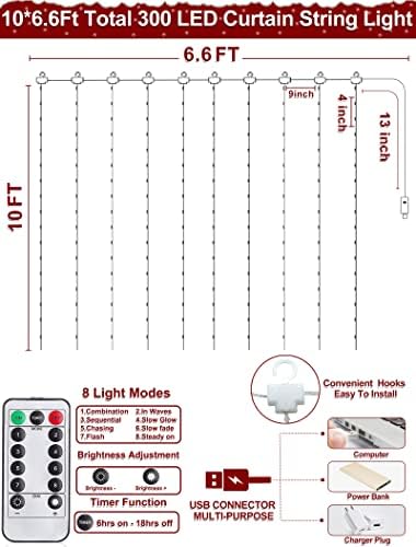 [Timer + 8 modos] 300 LED LUZES DE CORMA DE CORMA DE CORTURA DE CORTURA DE CORBELA DE CRANTO, 10 x 6,6 Luzes de fadas de controle