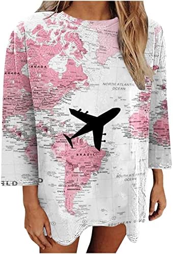 Tifzhadiao Treme de tamanho grande para mulheres, mapa do mundo feminino Tops de mapa 3/4 camisas casuais de manga