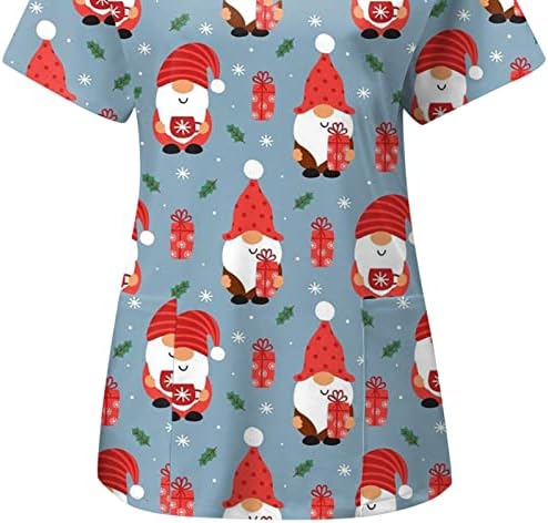 Camisas de Natal para mulheres Casual Manga curta Caminho em V uniforme de trabalho de impressão de impressão de bolso Túps de