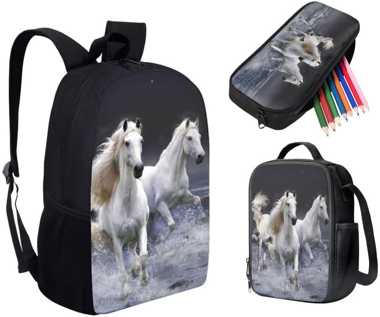 JndTueit 3D Horse 3 Peças/Conjunto Backpack Kids, Lunchagem branca de cavalgada para meninos meninas, Lunch book de bookbag vívido capa lápis