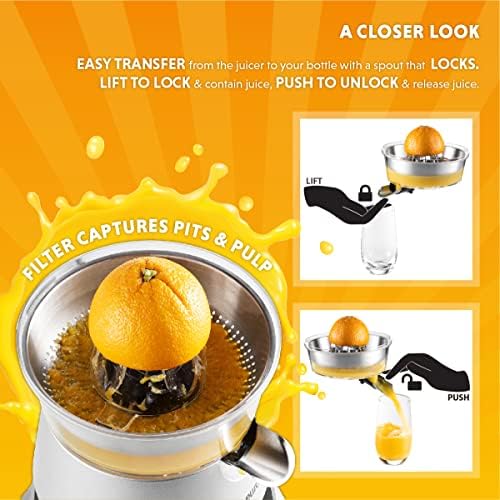 Eurolux Electric Citrus Juicer Squeezer, para laranja, limão, toranja, alça de alça macia de aço inoxidável e tampa de cone para facilitar o uso mais poderoso de suco