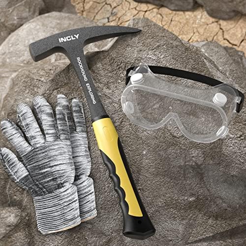 Incly Rock Pick Hammer, 28 oz All Steel Geology Hammer com ponta pontiaguda e aderência de redução de choque para caçar rocha Hounding Digging Gold Mining Prospecting Equipment Tool com luvas