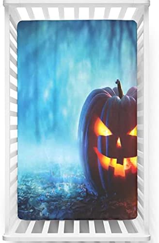 Mini-berço com tema de Halloween, lençóis de berço, lençóis de berço portáteis folhas de colchão macio para crianças macias para meninas meninas, 24 “x38“, queimado laranja queimado sienna e azul-céu