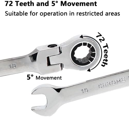 Rierdge 10mm 12 pontos Flex Head Ratcheting Chave, Chave de catraca métrica com 72 dentes e movimento de 5 ° para espaço apertado, 1 pcs