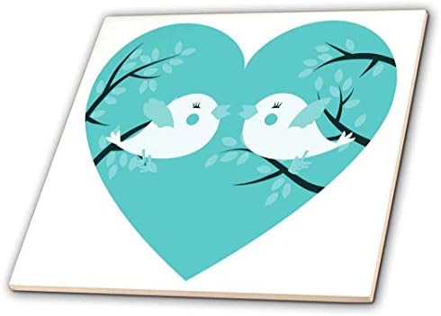3drose dois pássaros turquesas fofos em uma árvore em um coração - azulejo de cerâmica, 4 polegadas
