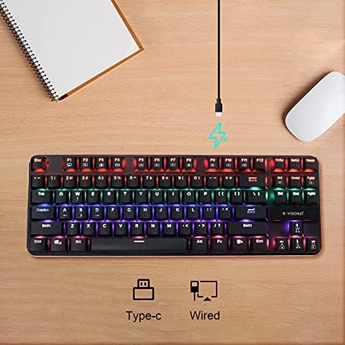 Teclado de teclado mecânico LED e-yooso com interruptores azuis, teclado com fio Ultra Slim Compact 87 Tecla para