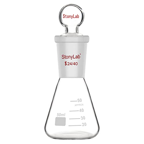 Glass de vidro Stonylab 24/40 Erlenmeyer Flask com rolhas, Flask de parede pesado de vidro borossilicato de 50 ml com junta externa