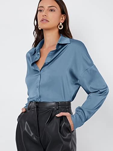 Shein feminino de manga longa Botão de blusa de cetim Solid Drop ombro Tops