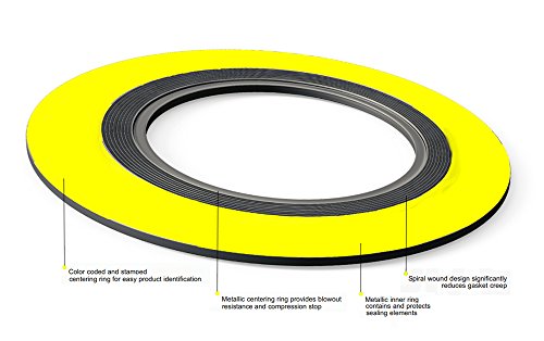 SERLING SEAL 90001500304GR600X96 304 Junta de ferida em espiral em aço inoxidável com enchimento de grafite flexível, para tubo de 1-1/2 , classe de pressão 600#, amarelo com listras cinza