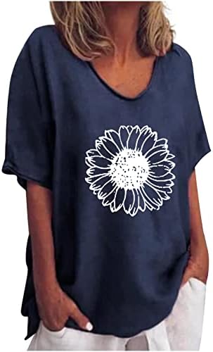 Verão feminino de linho de algodão Tops Tops da moda curta de manga curta camisetas de túnica de flor lúdicas de pópolas de tripulação