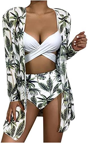 Mulheres Floral de cintura alta Bikini Cross Push Up 3 peças de trajes de banho para mulheres