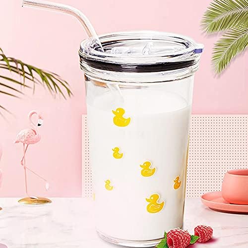 Fuuie Glass Cup de 500 ml de vidro, com tampa e palha, smoothie de suco de água, bebendo xícara para a escola de escritório em