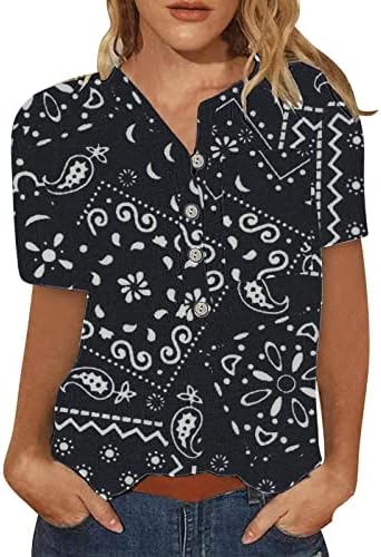 Camisetas de manga curta de adpan para mulheres camisetas casuais de manga curta v button tampa de pescoço camisetas