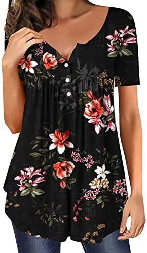 Tops for Women Floral Impresso Manga curta camisetas Túnica de barriga casual Henley Tshirt Flowy Henley
