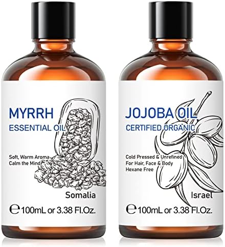 Hiqili Mirrh Óleo essencial e óleo essencial jojoba, grau terapêutico orgânico puro para difusor, pele -3,38 fl oz