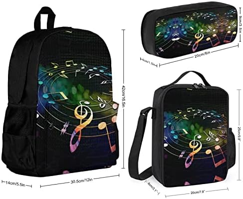 Notas de música coloridas impressas 3 PCs Backpack Set College Laptop Saco com lago
