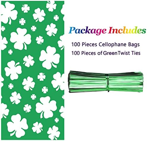 Sacos de tratamento de celofane do dia de São Patrício, Irish Lucky Clover Shamrock Bag Bag Goody Bags Sacos de biscoitos Favores