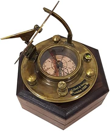 ColecioniblesBuy Marine Sundial Compass vintage Antique acabamento com caixa, 3 polegadas, instrumento marrom de navegação