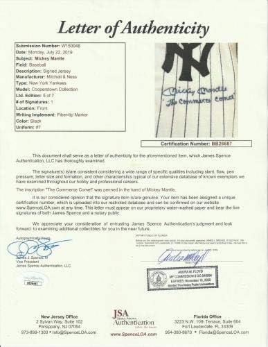 Lindo Mickey Mantle The Commerce Comet assinou o New York Yankees Jersey JSA - Jerseys autografadas da MLB