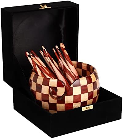 Bhartiya Handicrafts de areio de madeira tigela | Tigela de fios de design de xadrez | Ganchos de crochê de agulha de tricô | Tigela de armazenamento de fios de madeira | Vários tamanhos agulha de tricô gravada