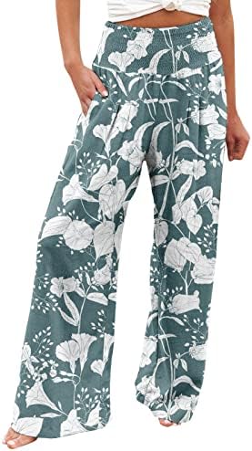 Calça de perna larga de moda hcjkdu para mulheres de cintura elástica de estampa floral de cintura alta cintura alta com calça de perna reta de bolso