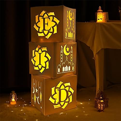 Decorações Eid para casa Eid Mubarak Decorações 3pcs Caixas de papel Hollow Out Hollow Out com Caixas Decorativas eid de Luz Luz Luente Para Partidos Islâmicos Muçulmanos