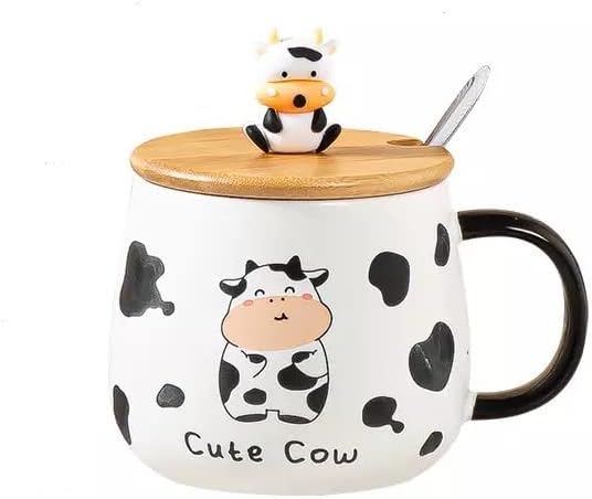 Copo fofo de caneca de vaca com tampa e colher de prata Copos de vaca fofos canecas de café com caneca de cerâmica caneca de
