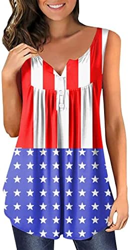 Henley Tank Tops Comprimento longo para mulheres Camisas de flare share soltas Baixa de impressão de bandeira dos EUA