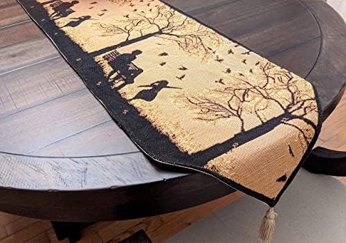 Bedding Dada Rustic Fall Orange Tan Tapestry Silhouette Mesa Runner - Famílias Decoração de Vibe - Black Outines Linen Woven