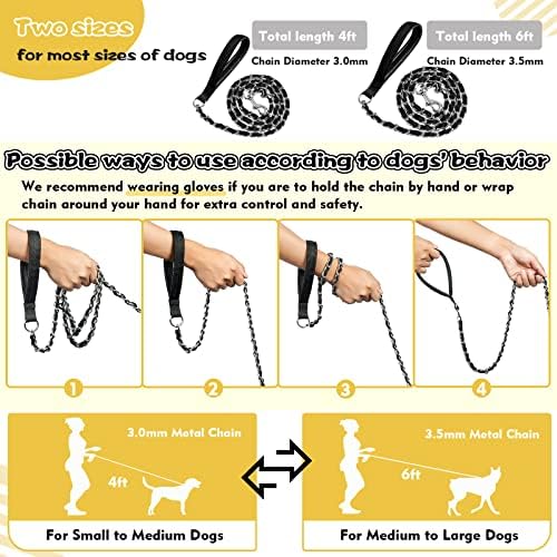 Chain Dog Leash Chew Proof, Chain Metal e Nylon Rope Pet Dog Leash com alça acolchoada, trelas de corrente pesada para cães grandes médios, trela de chumbo de aço para treinamento para cães, caminhada, corrida