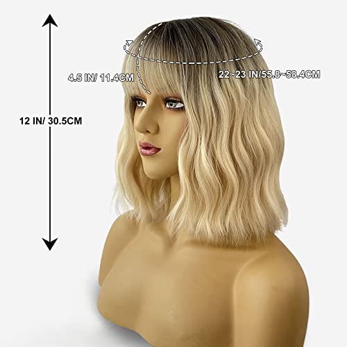 Trumost Synthetic Blonde curto corpo ondulado com franja - onda de água loiro bob peruca resistente ao calor Comprimento