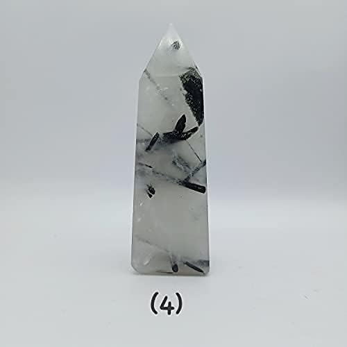 Quartzo Rutileted Black Tourmaline Natural Stone Point para Reiki Healing and Crystal | Obsceno rutado | Quartzo | Ponto branco carregado com tira preta 2,8 x 0,9 polegadas)