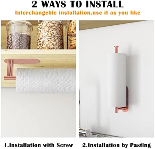 Suporte de toalhas de papel sob o armário, nova atualização da haste dupla rolando auto-adesivo ou perfuração de toalhas de papel montadas na parede para cozinha, ouro rosa