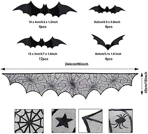 Kongqi Halloween decoração de renda preta Spiderweb Mantle Fellow Lenfts com 120pcs 3D Bats adesivos de festas festivas