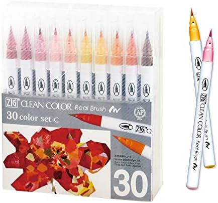 Kuretake Zig Clean Color Real Brush, novas 30 cores Conjunto C, Dicas flexíveis de escova, canetas aquarela para pintura, desenho, caligrafia e letras de escova para artistas, feitos no Japão