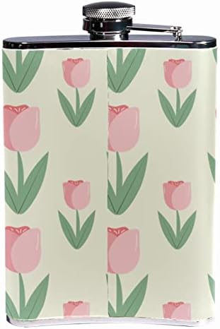 Frasco com funil, capa de couro falsa bebendo frascos para bebidas alcoólicas, flores rosa de desenho animado de tulipas