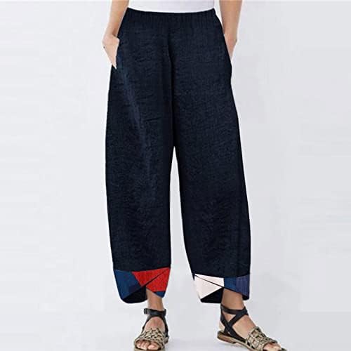 Calças de linho de algodão casual de verão para mulheres calças largas de perna larga com cintura alta com bolsos de fundo confortável