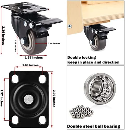 1,5 Conjunto de rodízios de 8 rodas de rodízio industrial pesado com freio sem rodas de ruído com travamento duplo e rolamento