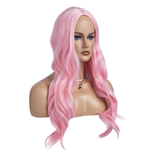 Perucas rosa baruisi para mulheres longas cacheadas onduladas sintéticas perucas sintéticas de figuraria de figurino de figurino médio natural