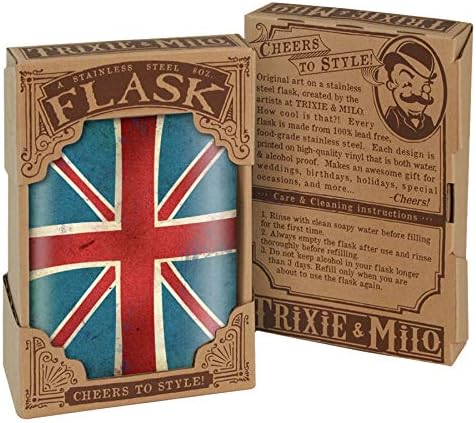 Union Jack Jack 8 oz Frasco de quadril de aço inoxidável para licor - vem em uma caixa de presente - design à prova de vazamentos - fácil de limpar - 3,75 ”x 5,75” - por Trixie & Milo