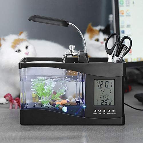 USB Desktop Mini Aquarium Fish Tank Beta Aquarium com LED LCD LCD Tela e decoração de tanque de peixes com seixos