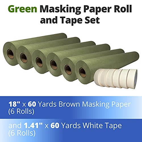 Kit de mascaramento premium de embalagem IDL - Papel de mascaramento verde de 18 x 60 jardas e 1,41 x 60 jardas fita branca
